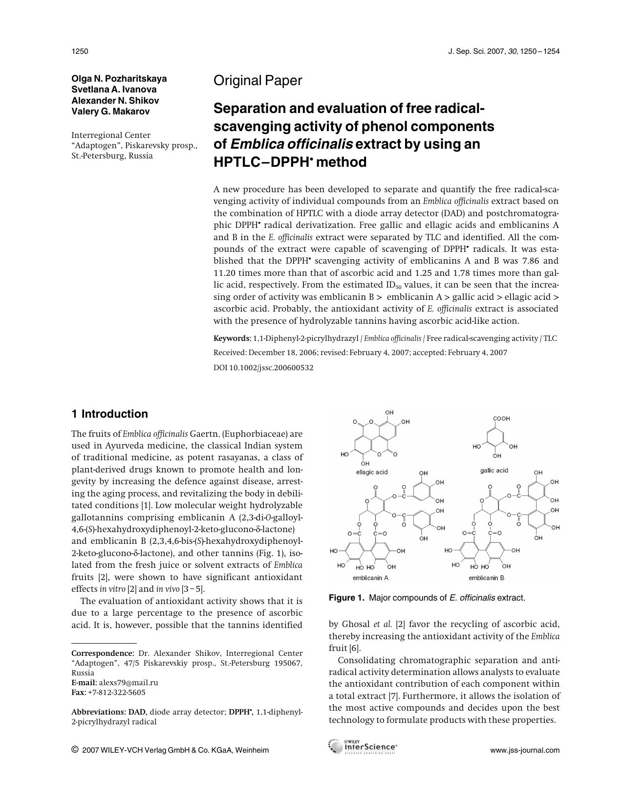 Separation and evaluation of free radical-scavenging activity of phenol components of Emblica officinalis extract by using an HPTLC-DPPH[bull] method by Unknown