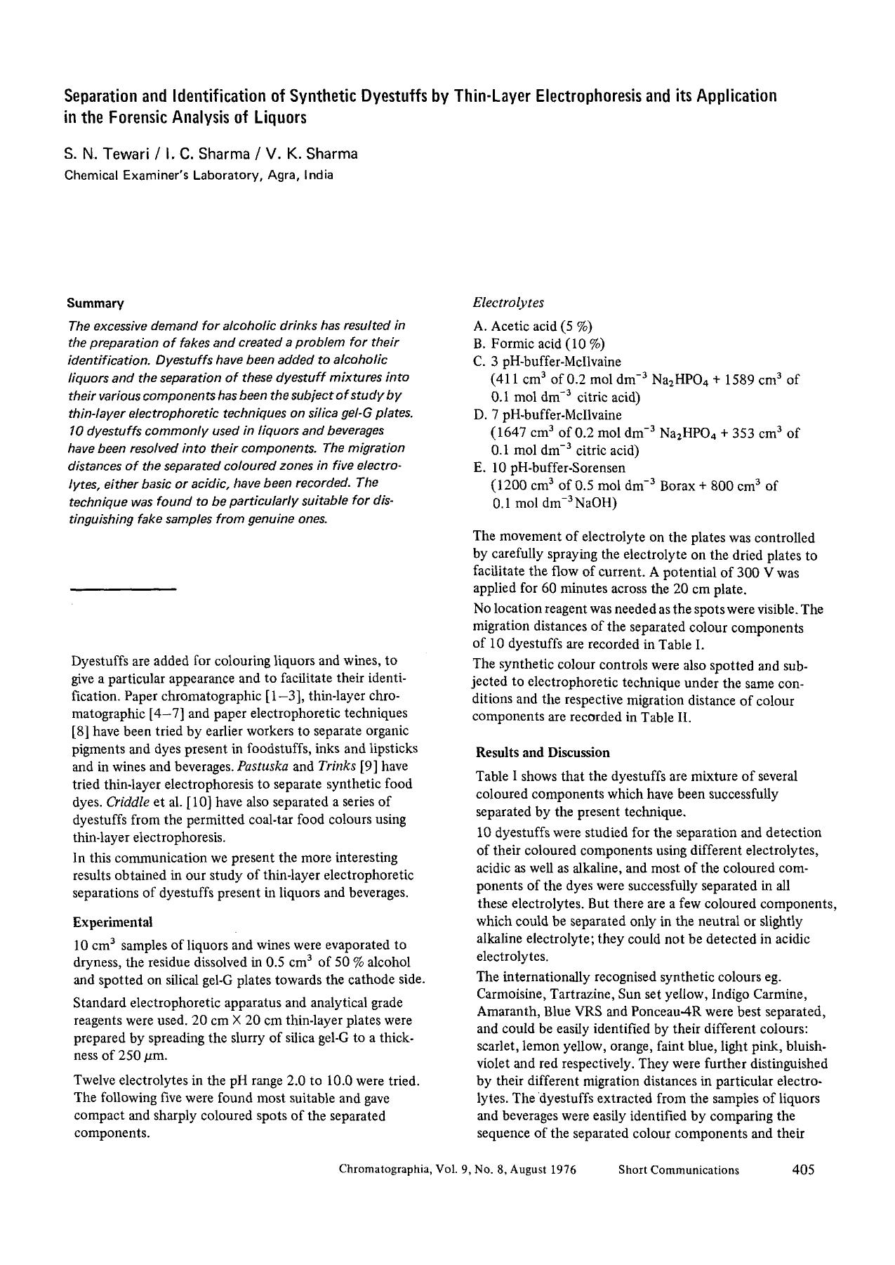 Separation and identification of synthetic dysstuffs by thin-layer electrophoresis and its application in the forensic analysis of liquors by Unknown