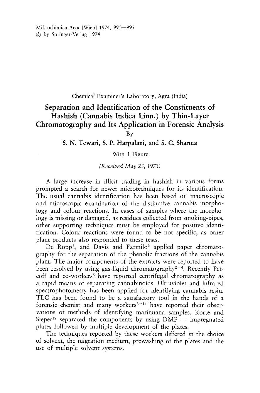 Separation and identification of the constituents of hashish (cannabis indica linn.) by thin-layer chromatography and its application in forensic analysis by Unknown