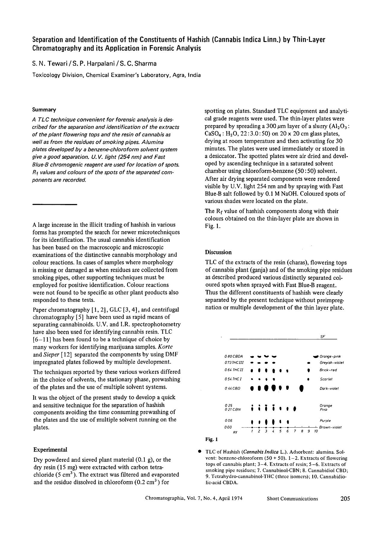 Separation and identification of the constitutents of hashish (cannabis indica linn.) by thin-layer chromatography and its application in forensic analysis by Unknown