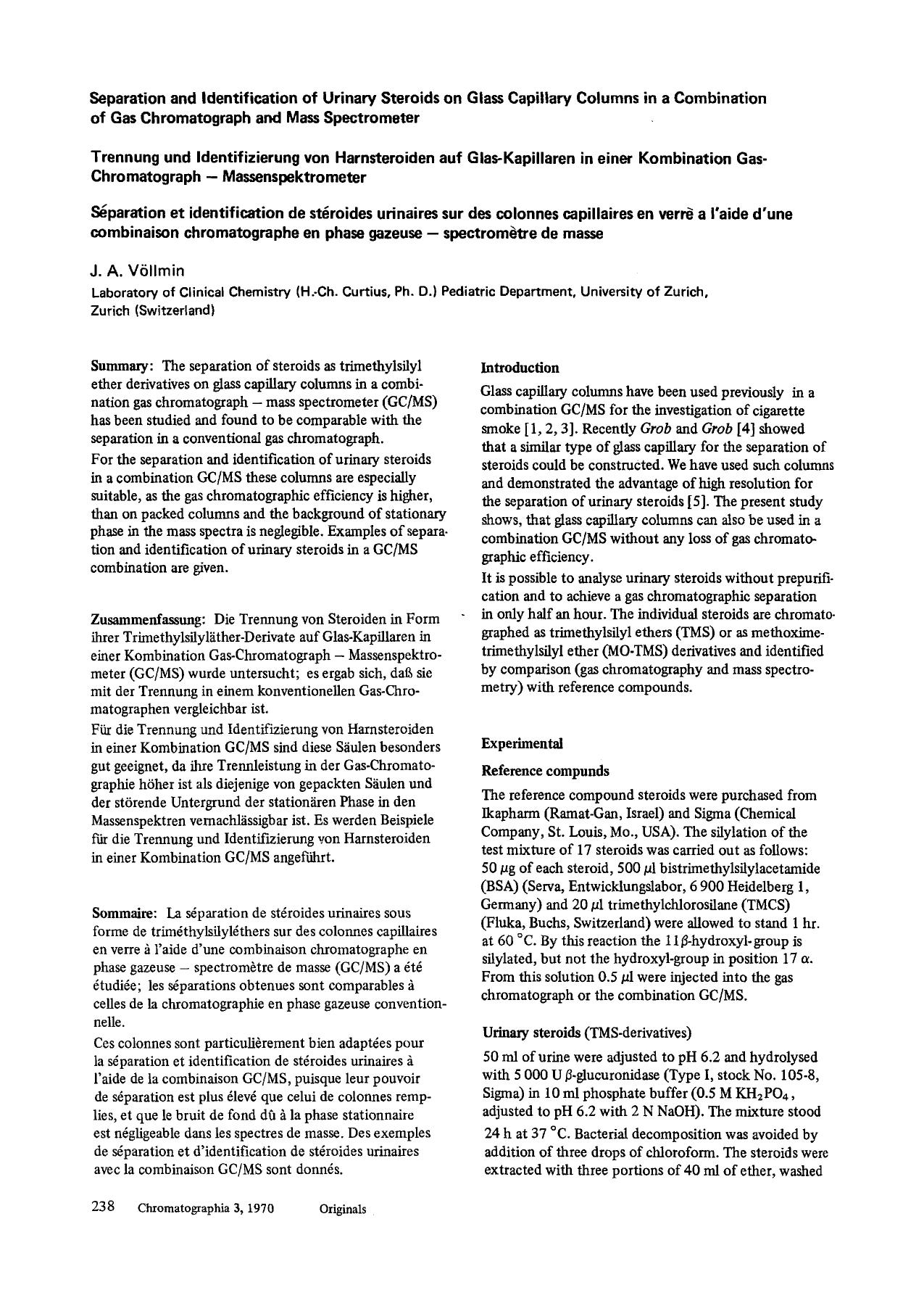 Separation and identification of urinary steroids on glass capillary columns in a combination of gas chromatograph and mass spectrometer by Unknown