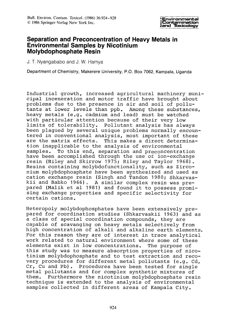 Separation and preconcentration of heavy metals in environmental samples by nicotinium molybdophosphate resin by Unknown