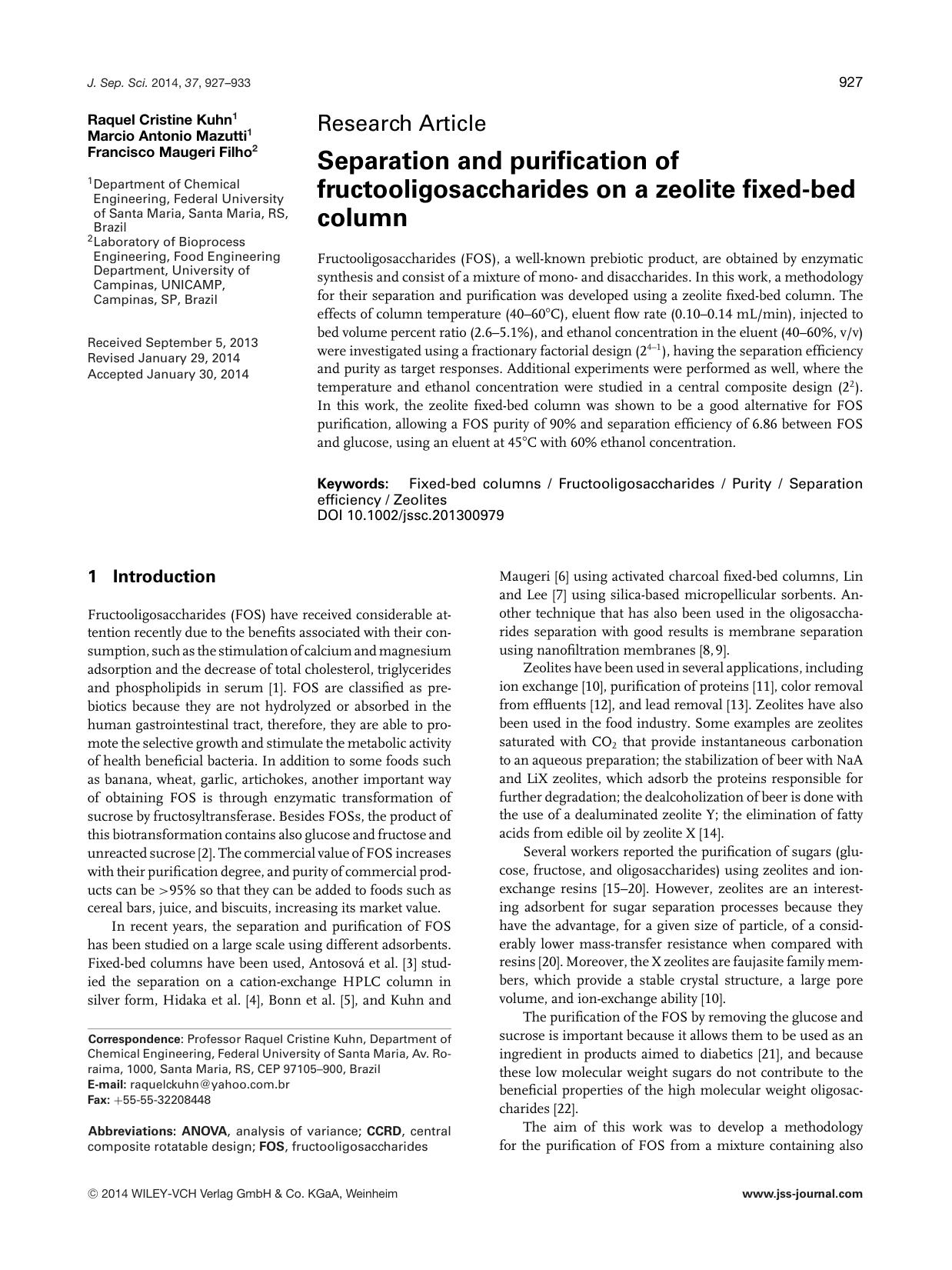 Separation and purification of fructooligosaccharides on a zeolite fixed&#x26;#x02010;bed column by Unknown