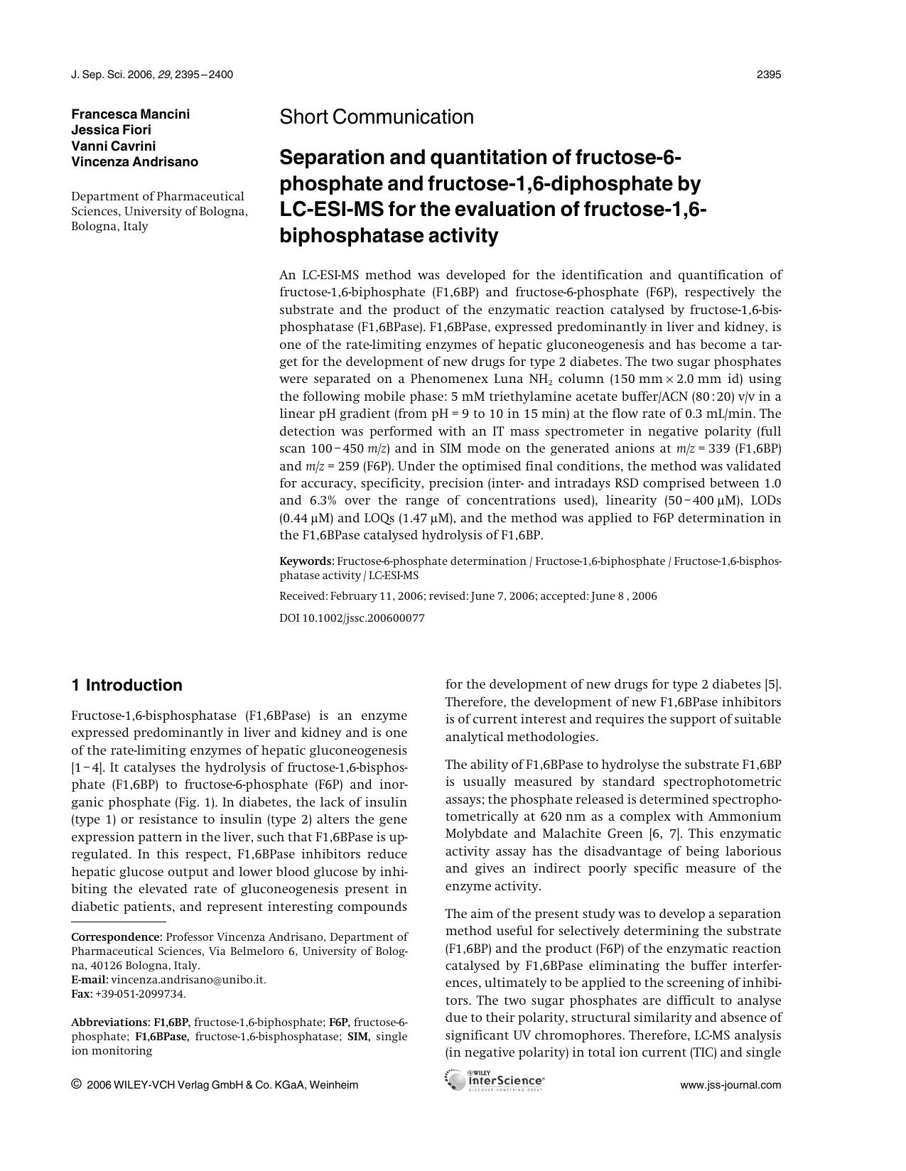 Separation and quantitation of fructose-6-phosphate and fructose-1,6-diphosphate by LC-ESI-MS for the evaluation of fructose-1,6-biphosphatase activity by Unknown