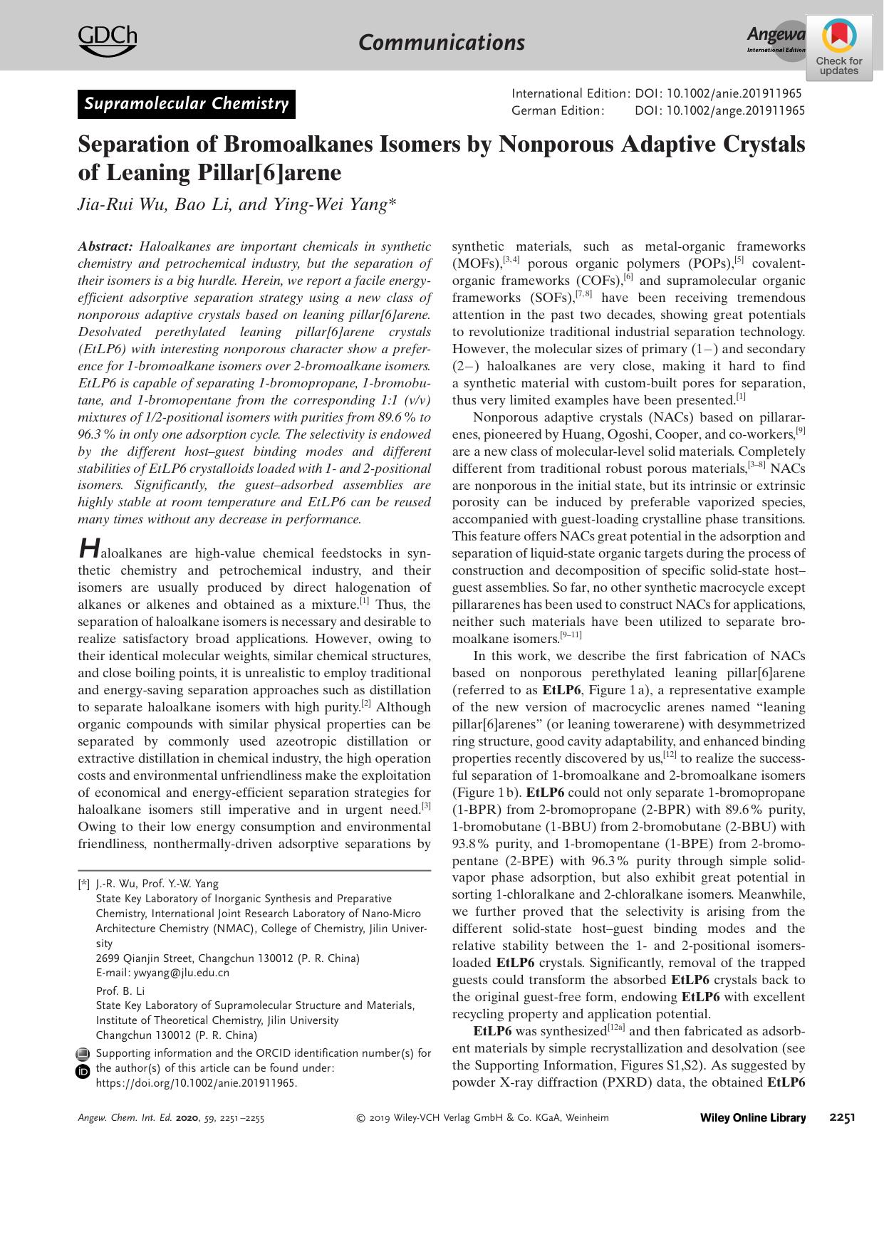 Separation of Bromoalkanes Isomers by Nonporous Adaptive Crystals of Leaning Pillar[6]arene by Unknown