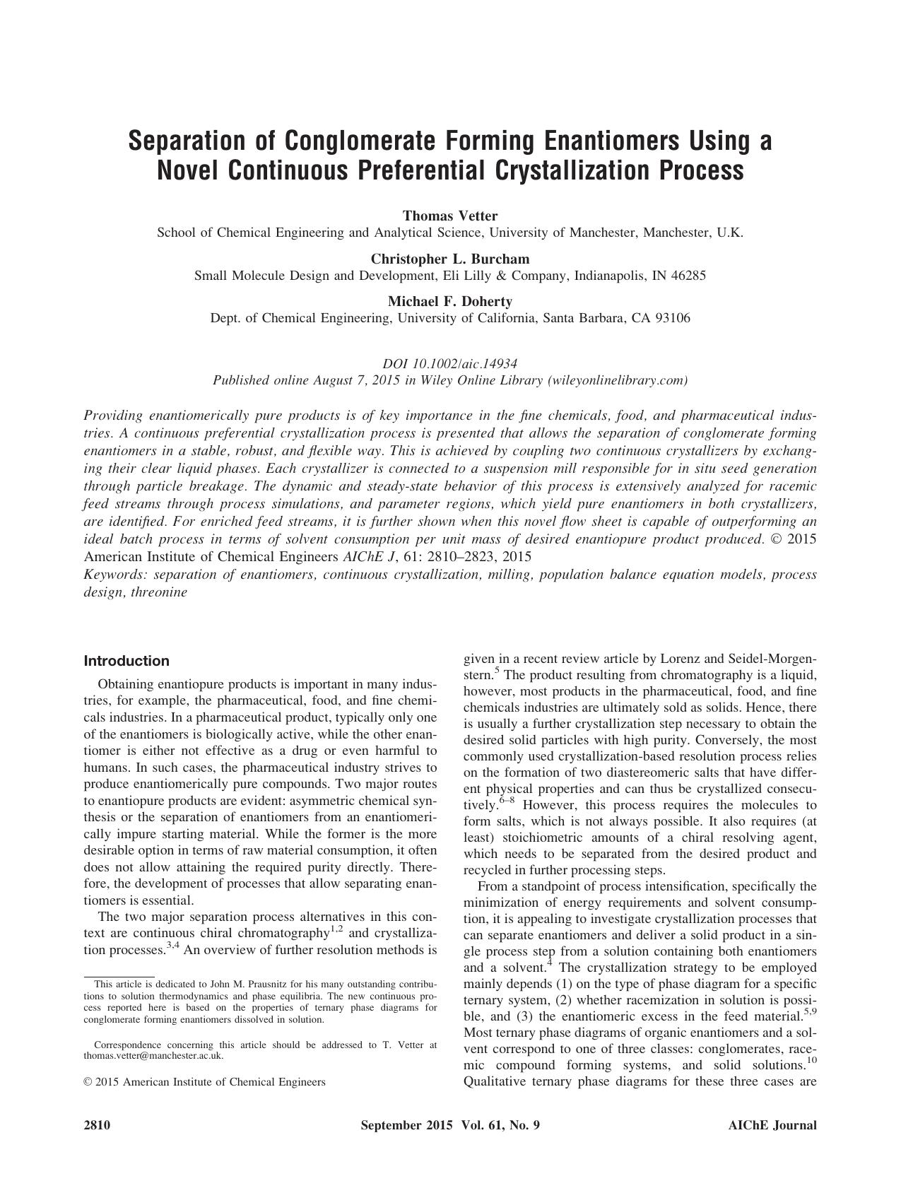 Separation of Conglomerate Forming Enantiomers Using a Novel Continuous Preferential Crystallization Process by Unknown