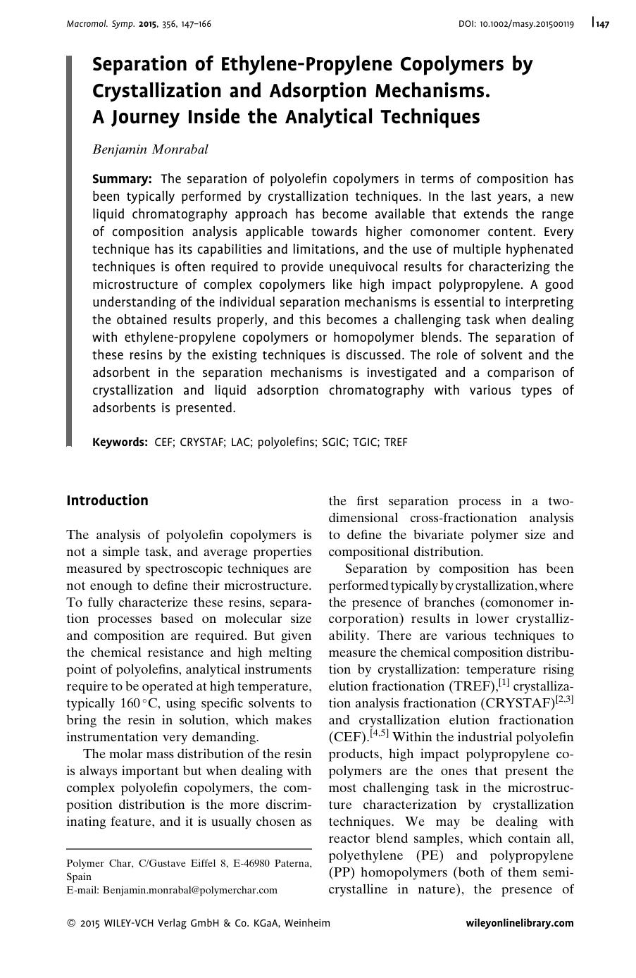 Separation of Ethylene-Propylene Copolymers by Crystallization and Adsorption Mechanisms. A Journey Inside the Analytical Techniques by Unknown