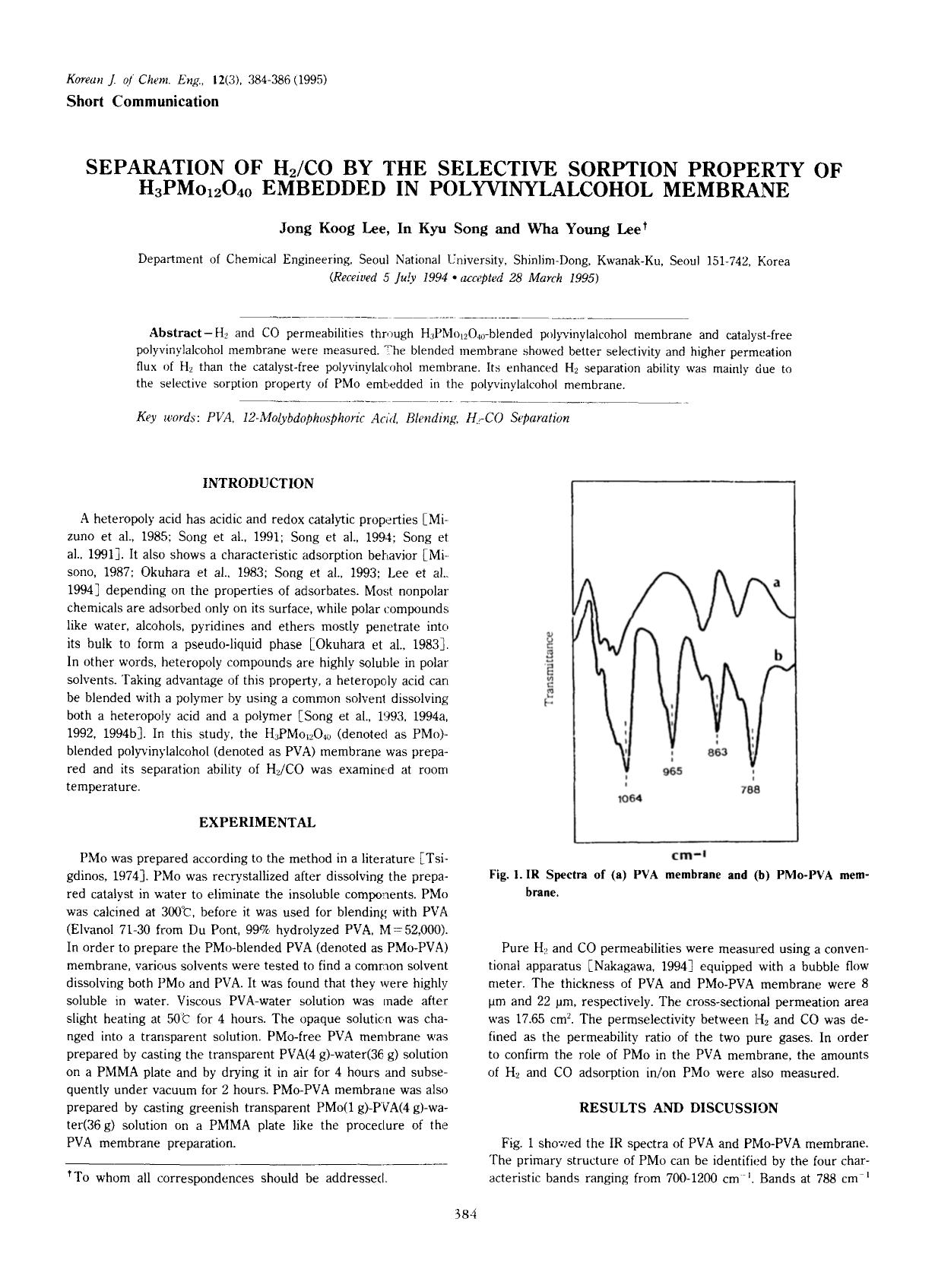 Separation of H <Subscript>2 <Subscript>CO by the selective sorption property of H <Subscript>3 <Subscript>PMo <Subscript>12 <Subscript>O <Subscript>40 <Subscript> embedded in poly by Unknown