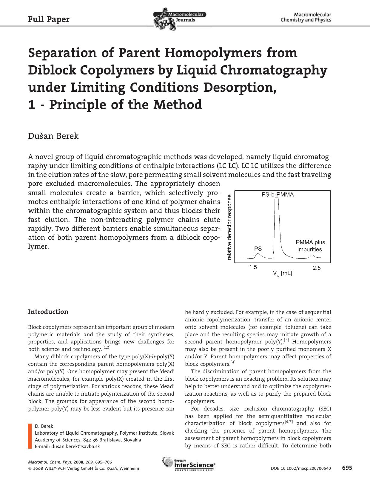 Separation of Parent Homopolymers from Diblock Copolymers by Liquid Chromatography under Limiting Conditions Desorption, 1 - Principle of the Method by Unknown