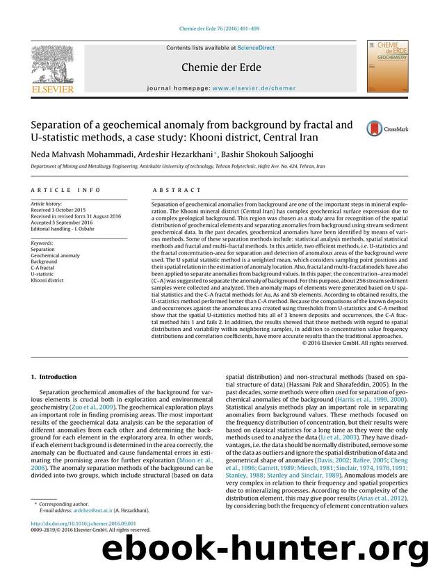 Separation of a geochemical anomaly from background by fractal and U-statistic methods, a case study: Khooni district, Central Iran by Neda Mahvash Mohammadi & Ardeshir Hezarkhani & Bashir Shokouh Saljooghi