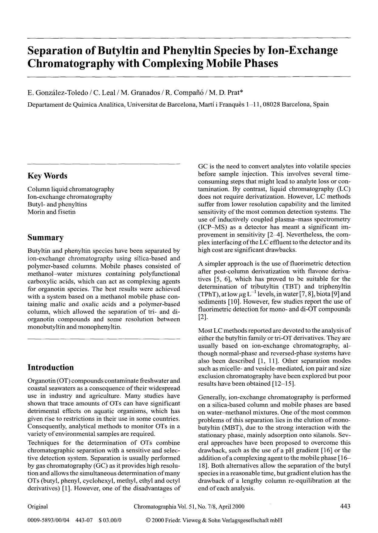 Separation of butyltin and phenyltin species by ion-exchange chromatography with complexing mobile phases by Unknown