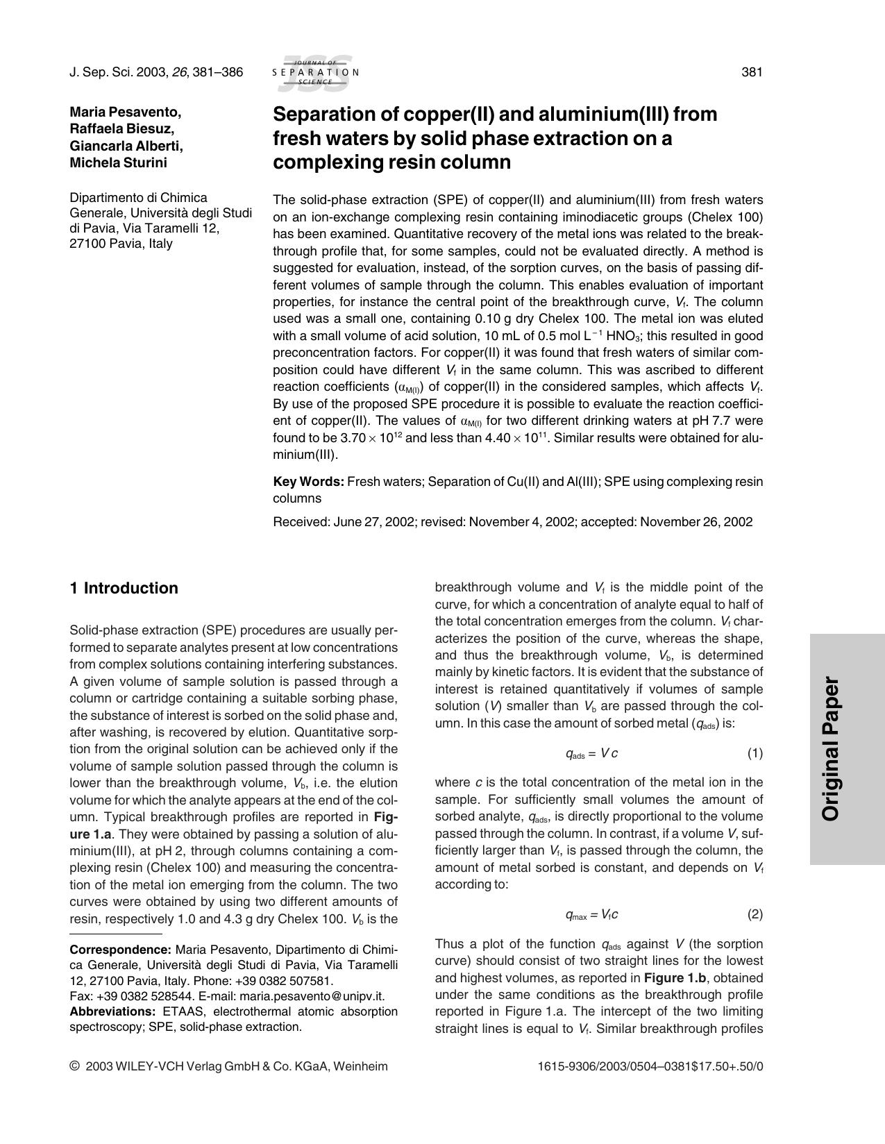 Separation of copper(II) and aluminium(III) from fresh waters by solid phase extraction on a complexing resin column by Unknown
