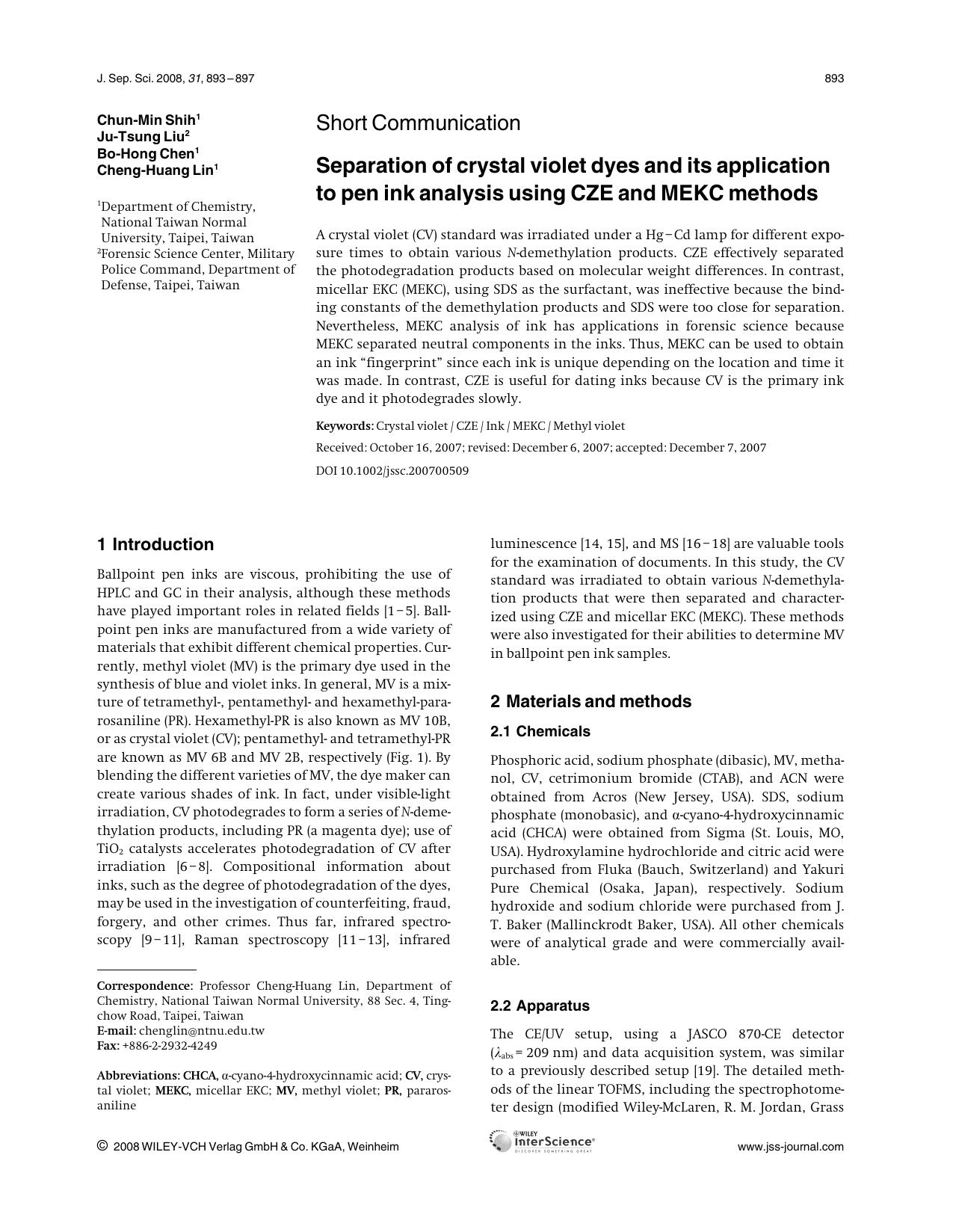 Separation of crystal violet dyes and its application to pen ink analysis using CZE and MEKC methods by Unknown