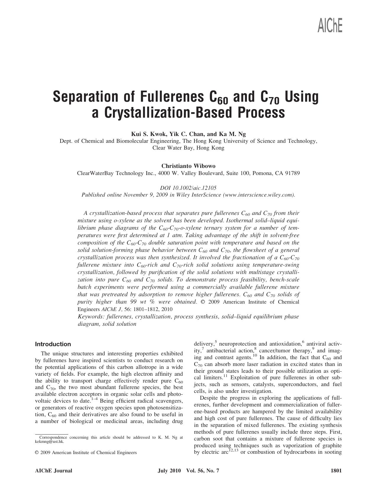 Separation of fullerenes C60 and C70 using a crystallization?based process by Unknown