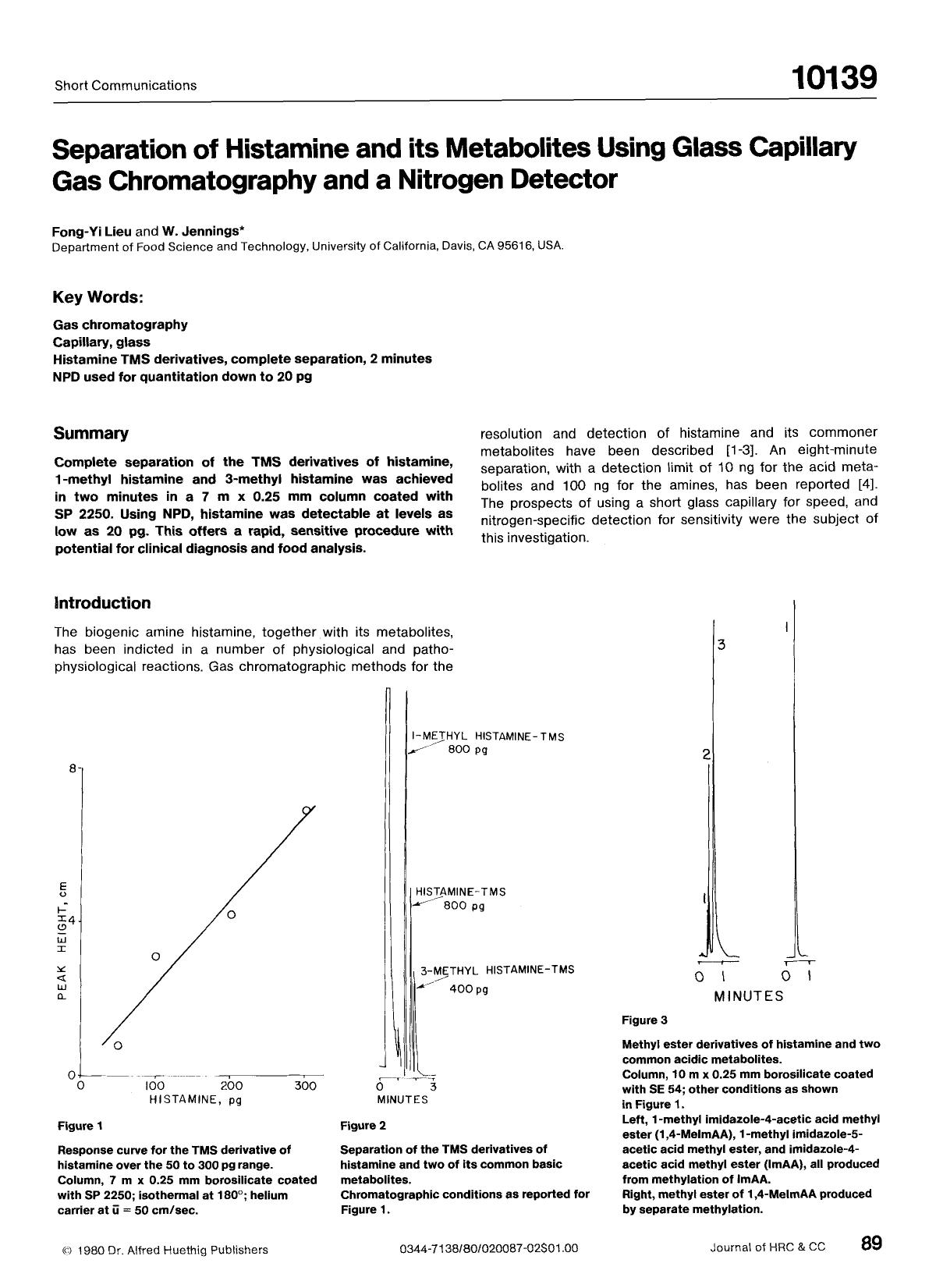 Separation of histamine and its metabolites using glass capillary gas chromatography and a nitrogen detector by Unknown