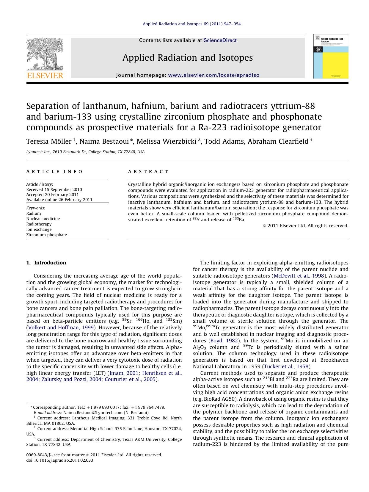 Separation of lanthanum, hafnium, barium and radiotracers yttrium-88 and barium-133 using crystalline zirconium phosphate and phosphonate compounds as prospective materials for a R by Teresia Möller & Naima Bestaoui & Melissa Wierzbicki & Todd Adams & Abraham Clearfield