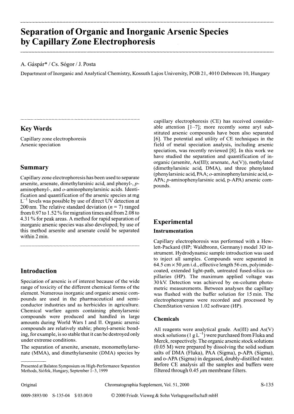 Separation of organic and inorganic arsenic species by capillary zone electrophoresis by Unknown