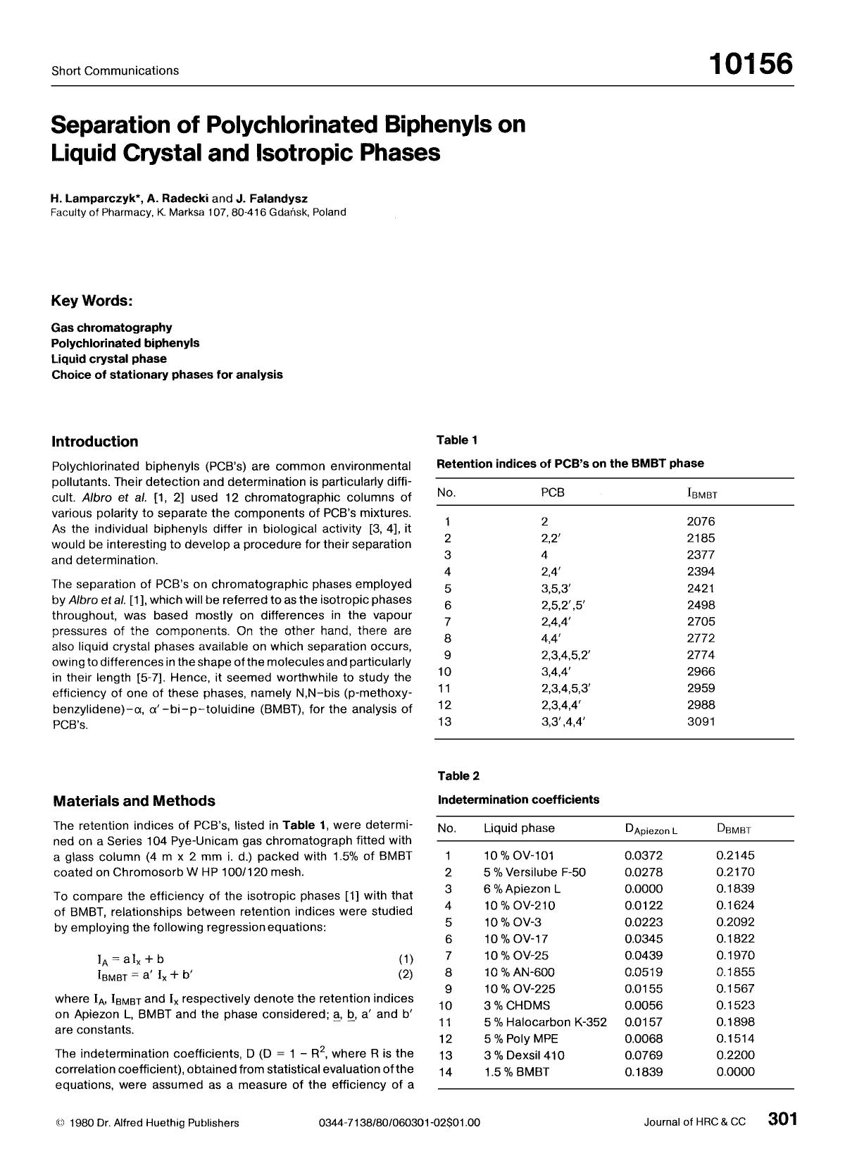 Separation of polychlorinated biphenyls on liquid crystal and isotropic phases by Unknown