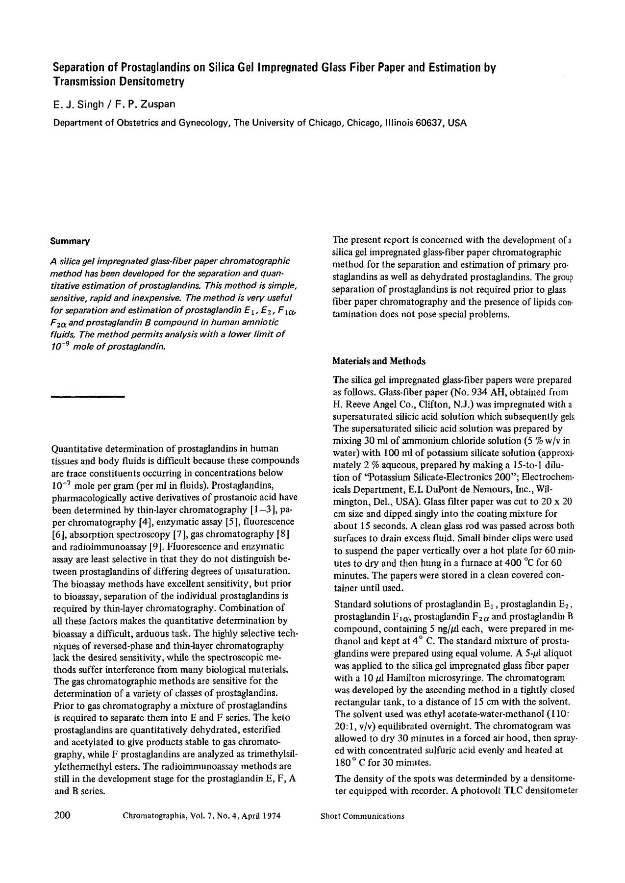 Separation of prostaglandins on silica gel impregnated glass fiber paper and estimation by transmission densitometry by Unknown
