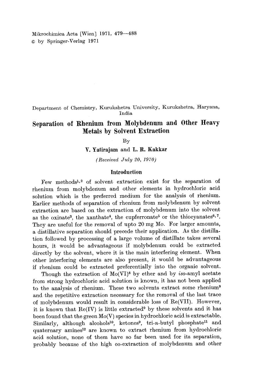 Separation of rhenium from molybdenum and other heavy metals by solvent extraction by Unknown