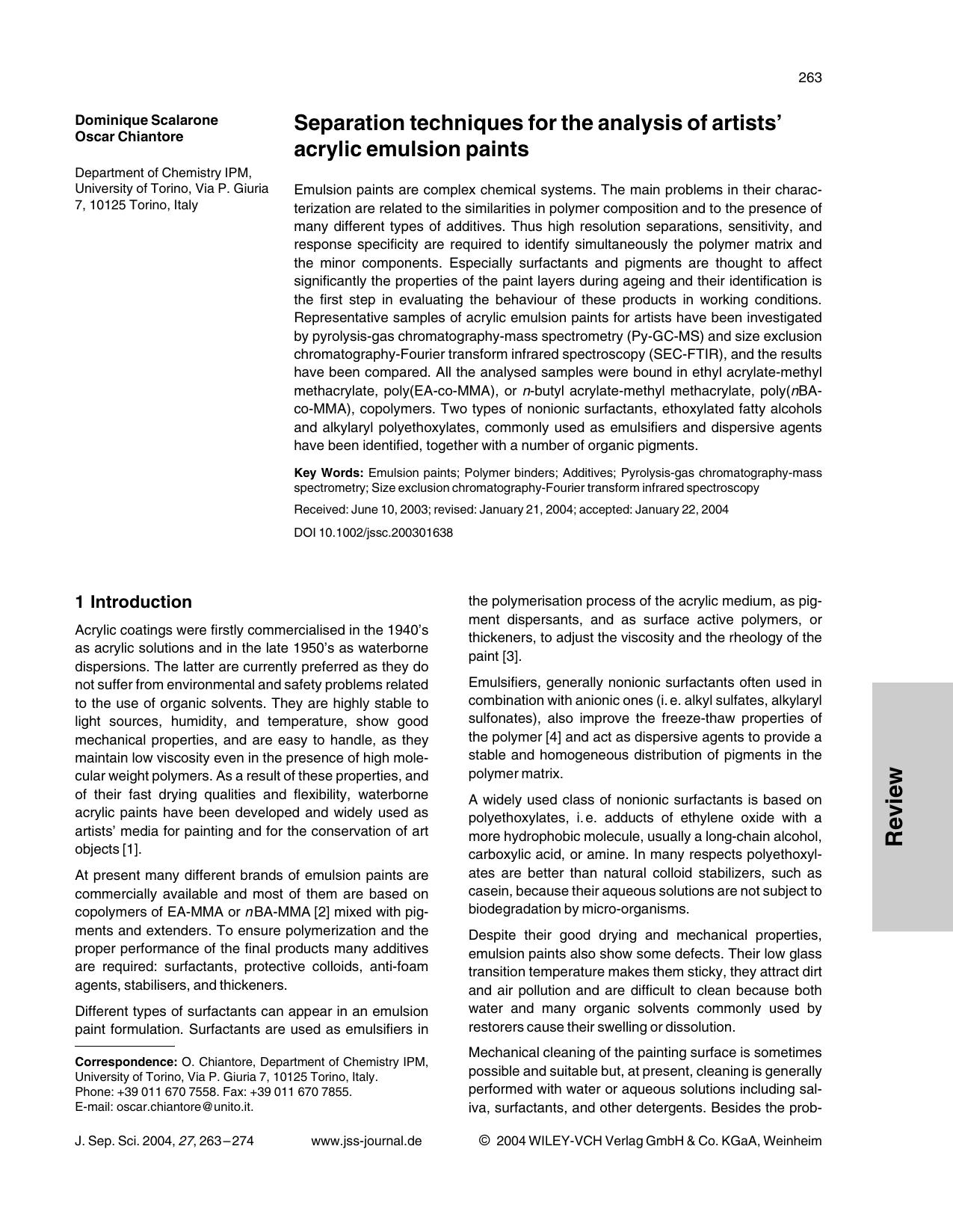 Separation techniques for the analysis of artists' acrylic emulsion paints by Unknown