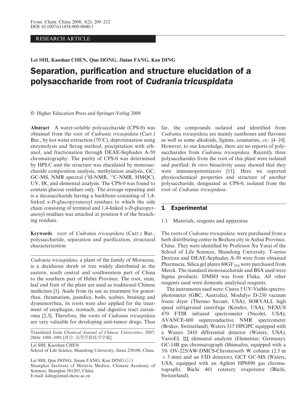Separation, purification and structure elucidation of a polysaccharide from root of <Emphasis Type="Italic">Cudrania tricuspidata<Emphasis> by Unknown