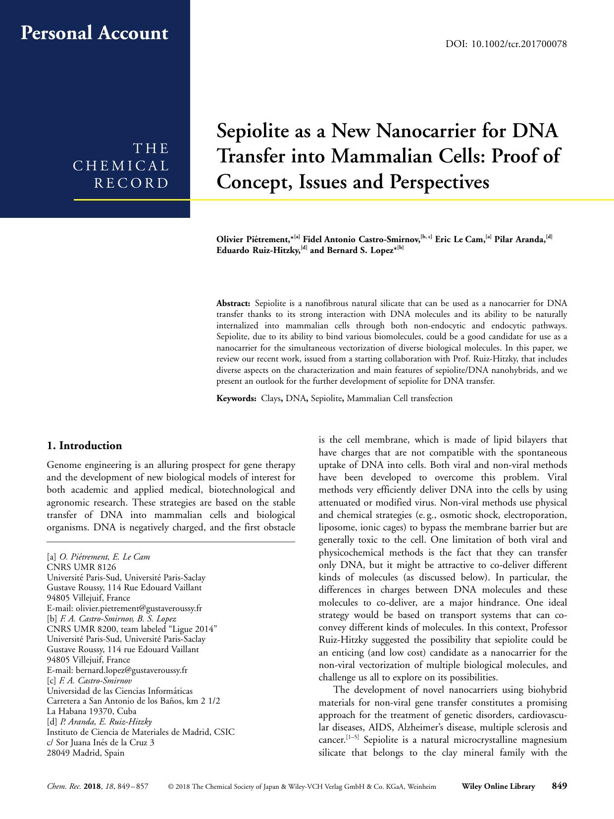 Sepiolite as a New Nanocarrier for DNA Transfer into Mammalian Cells: Proof of Concept, Issues and Perspectives by Unknown