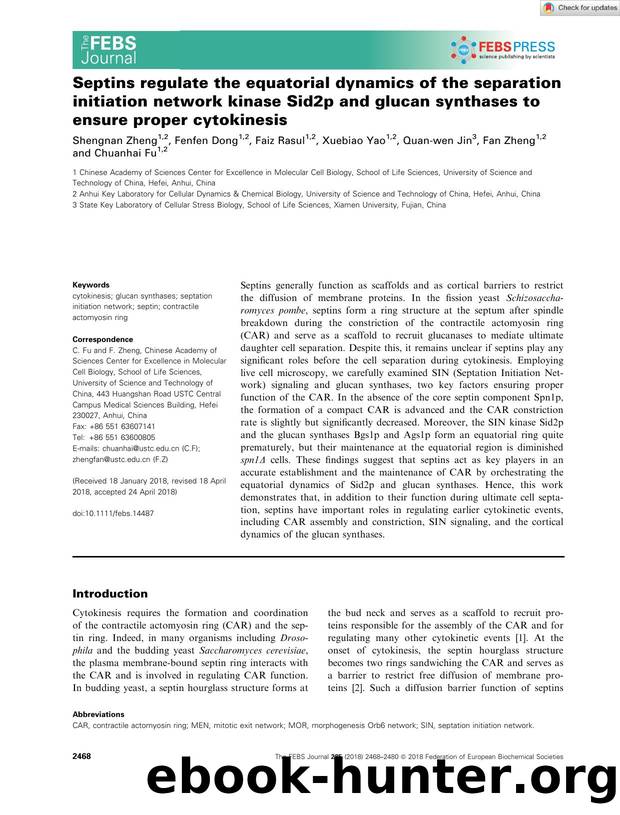 Septins regulate the equatorial dynamics of the separation initiation network kinase Sid2p and glucan synthases to ensure proper cytokinesis by Unknown