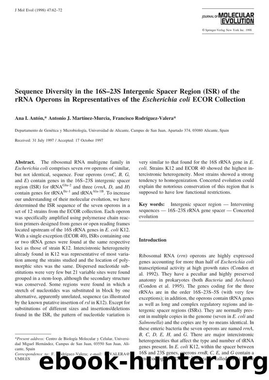 Sequence Diversity in the 16S-23S Intergenic Spacer Region (ISR) of the rRna Operons in Representatives of the Escherichia coli ECOR Collection by Anton A. et al