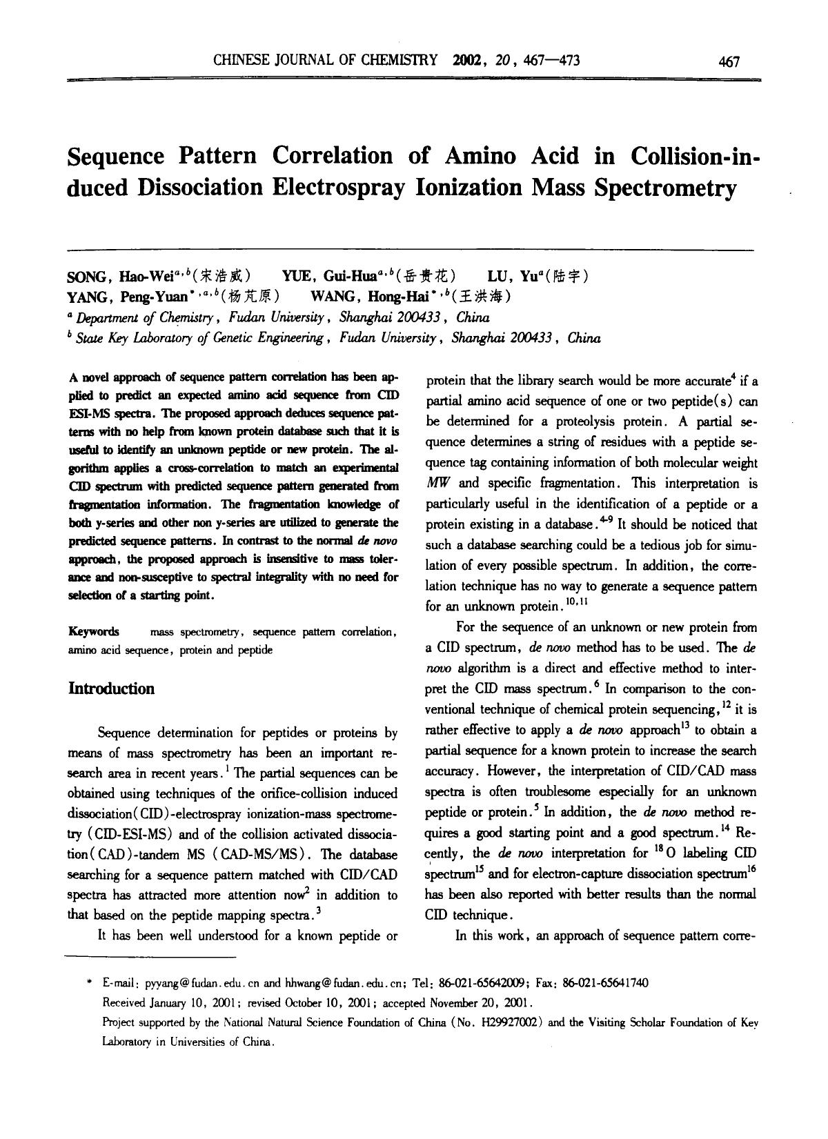 Sequence Pattern Correlation of Amino Acid in Collisioninduced Dissociation Electrospray Ionization Mass Spectrometry by Unknown