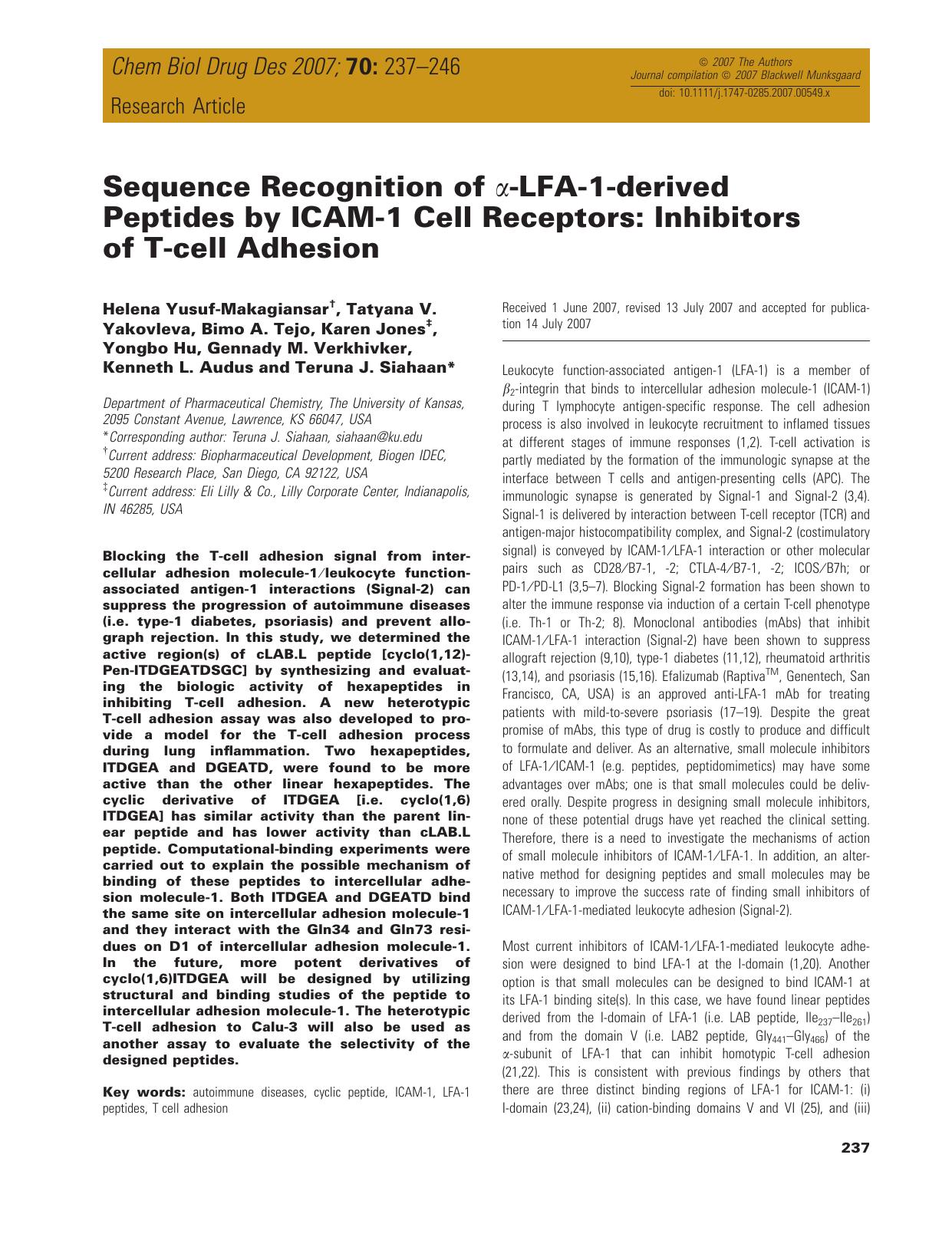 Sequence Recognition of α-LFA-1-derived Peptides by ICAM-1 Cell Receptors: Inhibitors of T-cell Adhesion by unknow