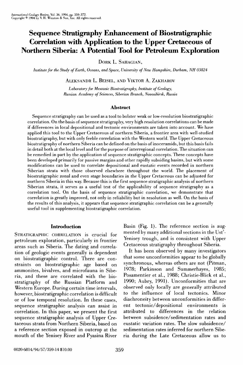 Sequence Stratigraphy Enhancement of Biostratigraphic Correlation with Application to the Upper Cretaceous of Northern Siberia: A Potential Tool for Petroleum Exploration by Dork L. Sahagian Aleksandr L. Beisel and Viktor A. Zakharov