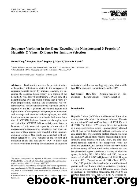 Sequence Variation in the Gene Encoding the Nonstructural 3 Protein of Hepatitis C Virus: Evidence for Immune Selection by Wang H. et al