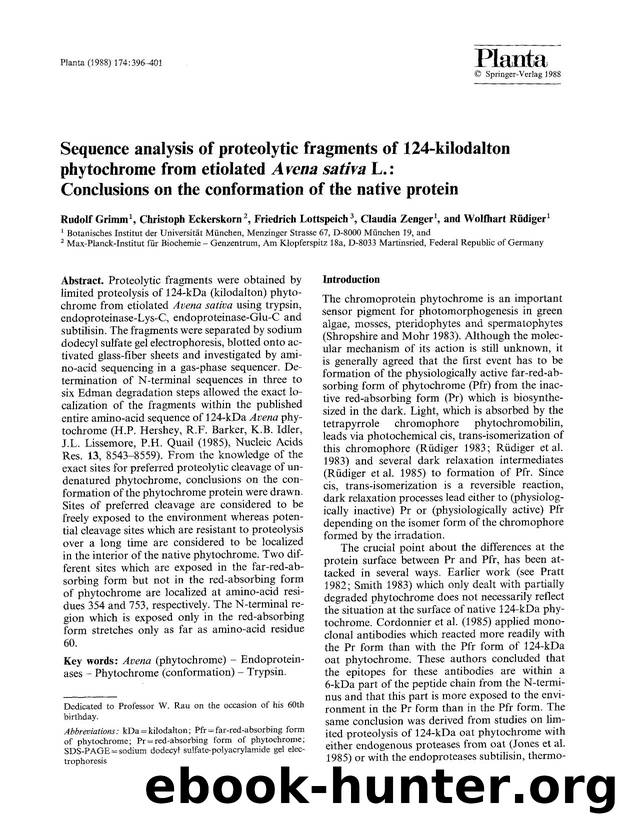Sequence analysis of proteolytic fragments of 124-kilodalton phytochrome from etiolated <Emphasis Type="Italic">Avena sativa <Emphasis> L.: Conclusions on the conformation of the native protein by Unknown