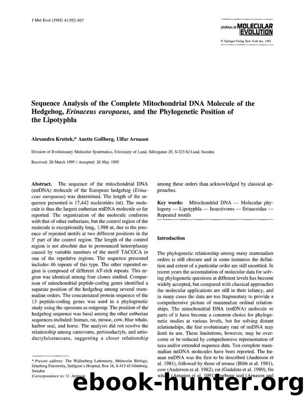 Sequence analysis of the complete mitochondrial DNA molecule of the hedgehog, <Emphasis Type="Italic">Erinaceus europaeus<Emphasis>, and the phylogenetic position of the Lipotyphla by Unknown