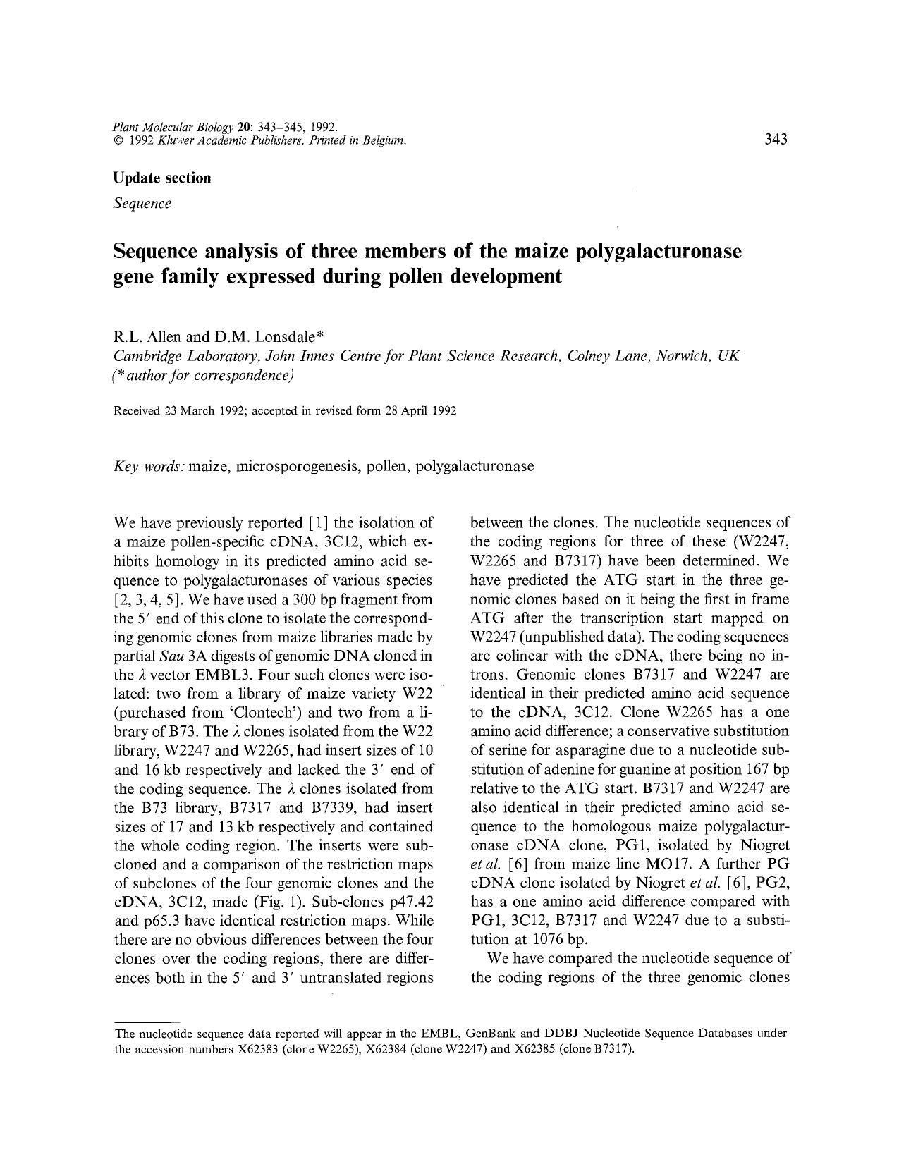 Sequence analysis of three members of the maize polygalacturonase gene family expressed during pollen development by Unknown