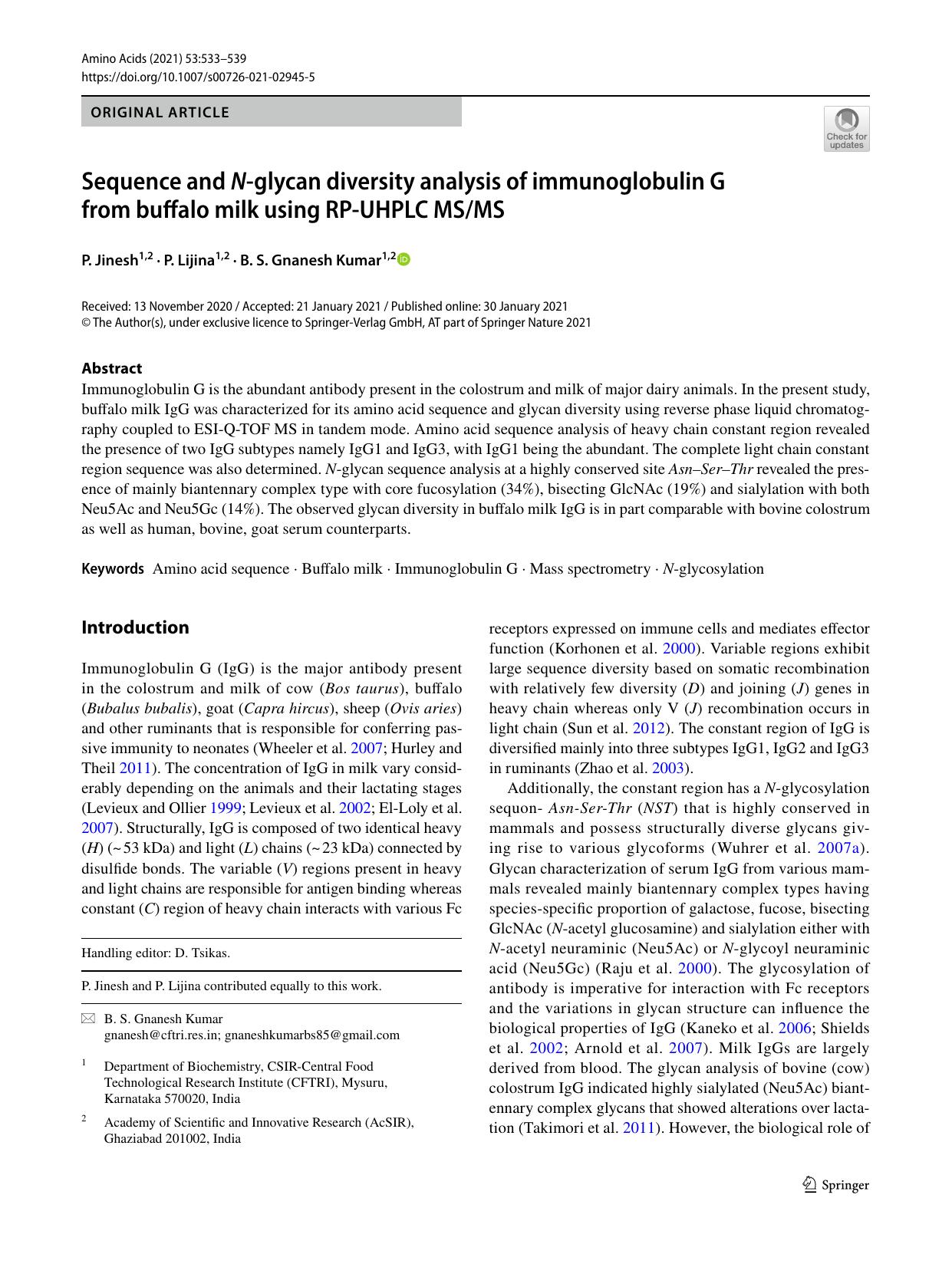 Sequence and N-glycan diversity analysis of immunoglobulin G from buffalo milk using RP-UHPLC MSMS by P. Jinesh & P. Lijina & B. S. Gnanesh Kumar