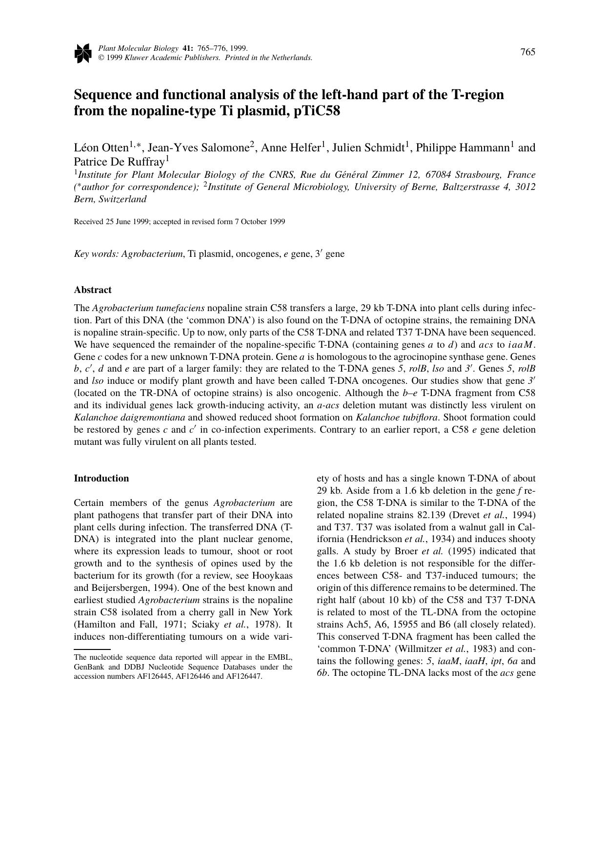 Sequence and functional analysis of the left-hand part of the T-region from the nopaline-type Ti plasmid, pTiC58 by Unknown