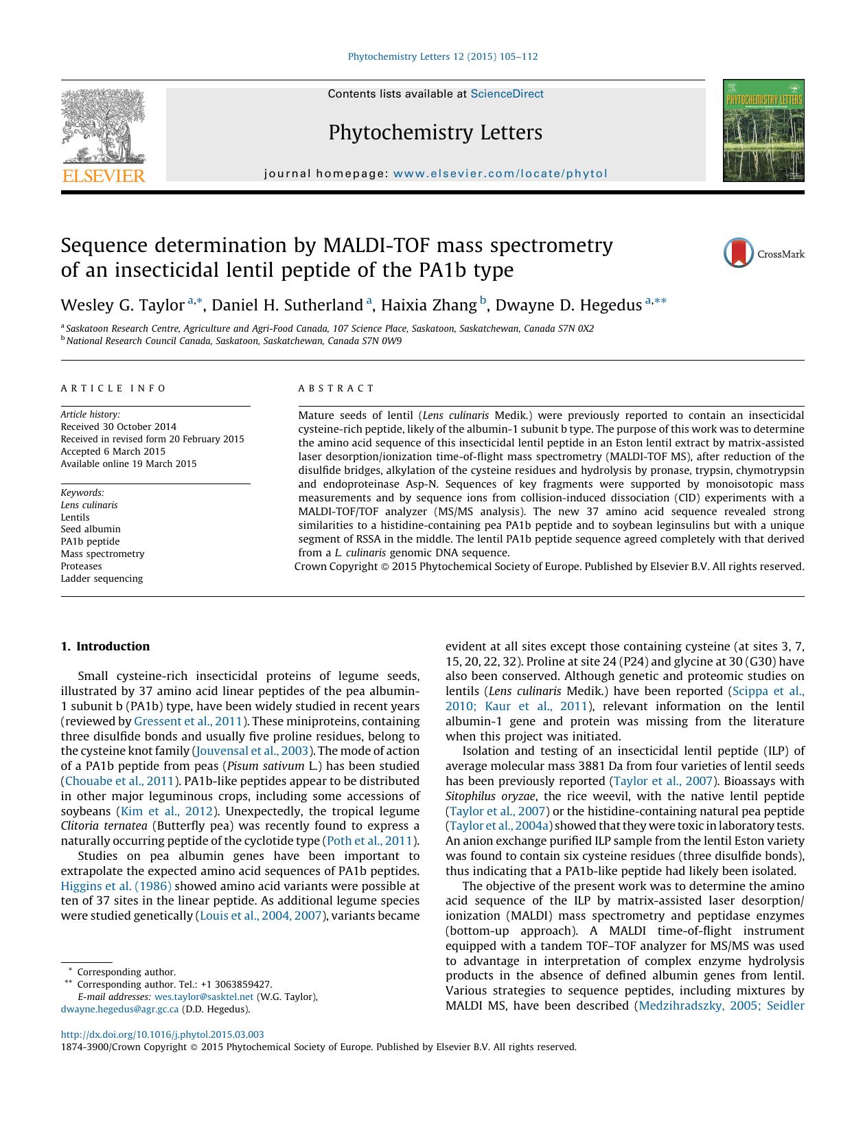 Sequence determination by MALDI-TOF mass spectrometry of an insecticidal lentil peptide of the PA1b type by Wesley G. Taylor & Daniel H. Sutherland & Haixia Zhang & Dwayne D. Hegedus