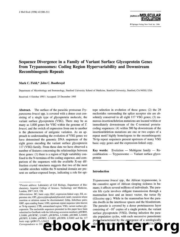 Sequence divergence in a family of variant surface glycoprotein genes from trypanosomes: Coding region hypervariability and downstream recombinogenic repeats by Unknown