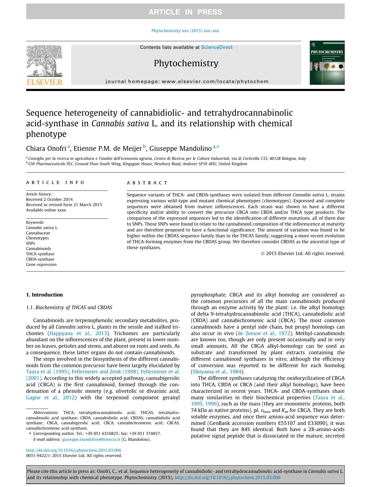 Sequence heterogeneity of cannabidiolic- and tetrahydrocannabinolic acid-synthase in Cannabis sativa L. and its relationship with chemical phenotype by Chiara Onofri & Etienne P.M. de Meijer & Giuseppe Mandolino