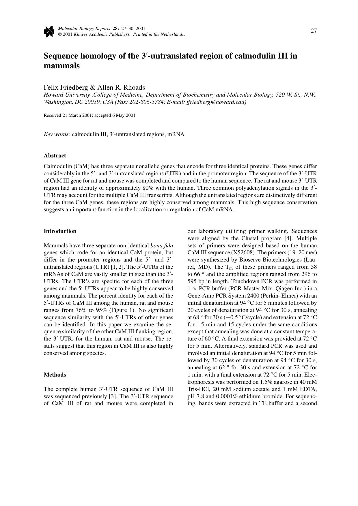 Sequence homology of the 3′-untranslated region of calmodulin III in mammals by Unknown