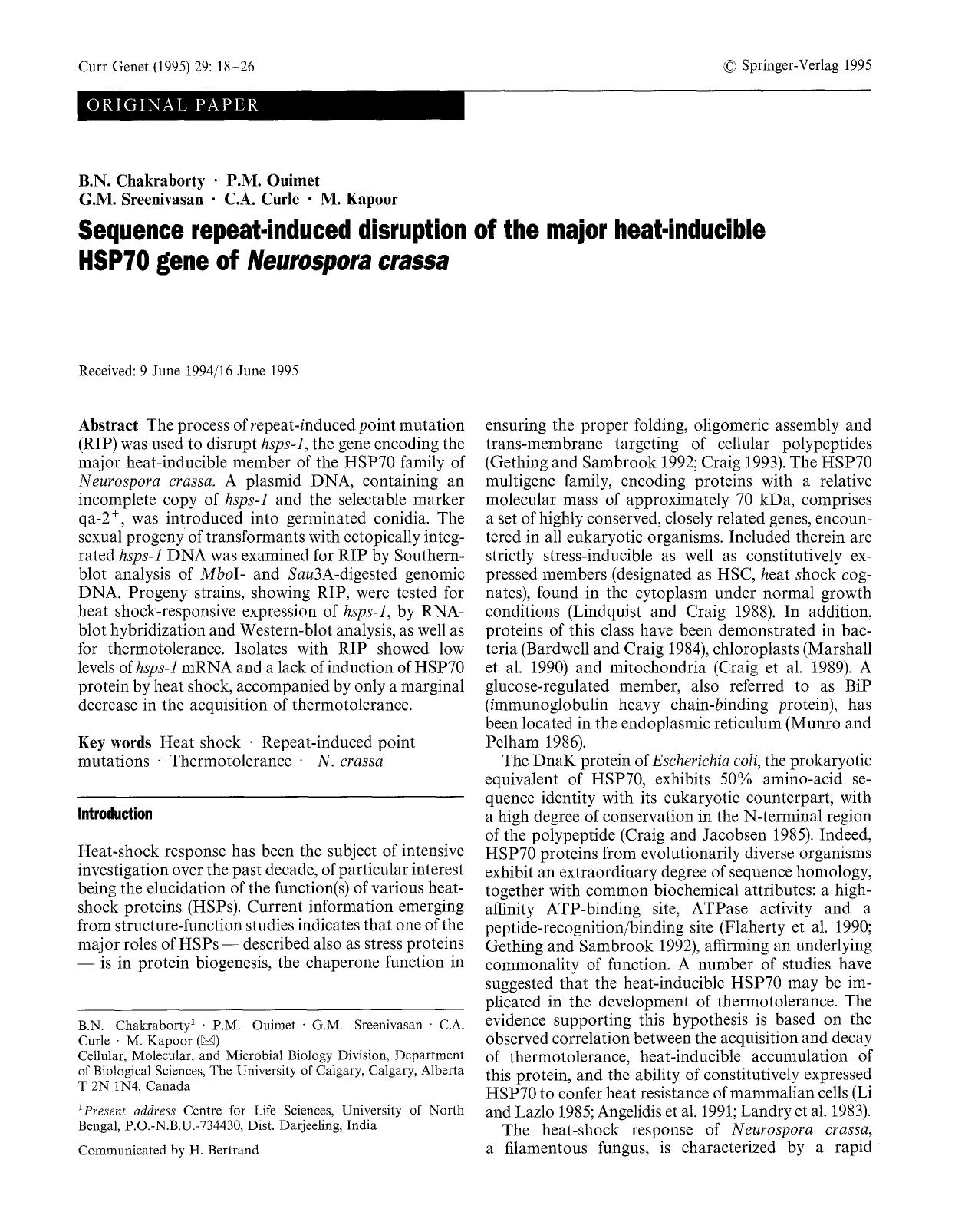 Sequence repeat-induced disruption of the major heat-inducible HSP70 gene of <Emphasis Type="Italic">Neurospora crassa<Emphasis> by Unknown