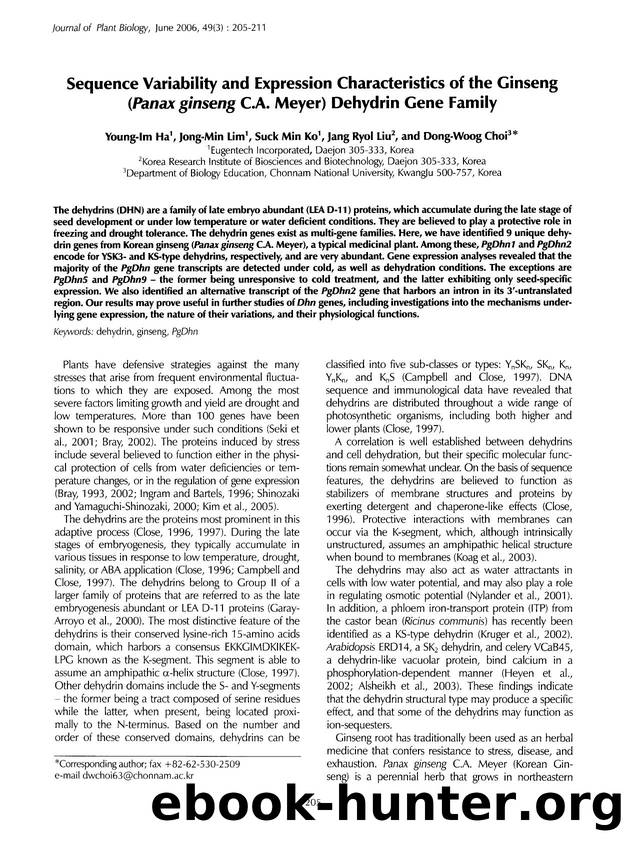 Sequence variability and expression characteristics of the ginseng ( <Emphasis Type="Italic">Panax ginseng <Emphasis> C.A. Meyer) dehydrin gene family by Unknown