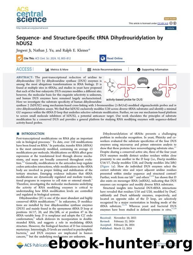 Sequence- and Structure-Specific tRNA Dihydrouridylation by hDUS2 by Jingwei Ji & Nathan J. Yu (ORCID: g/0000-0002-2509-1725) & Ralph E. Kleiner