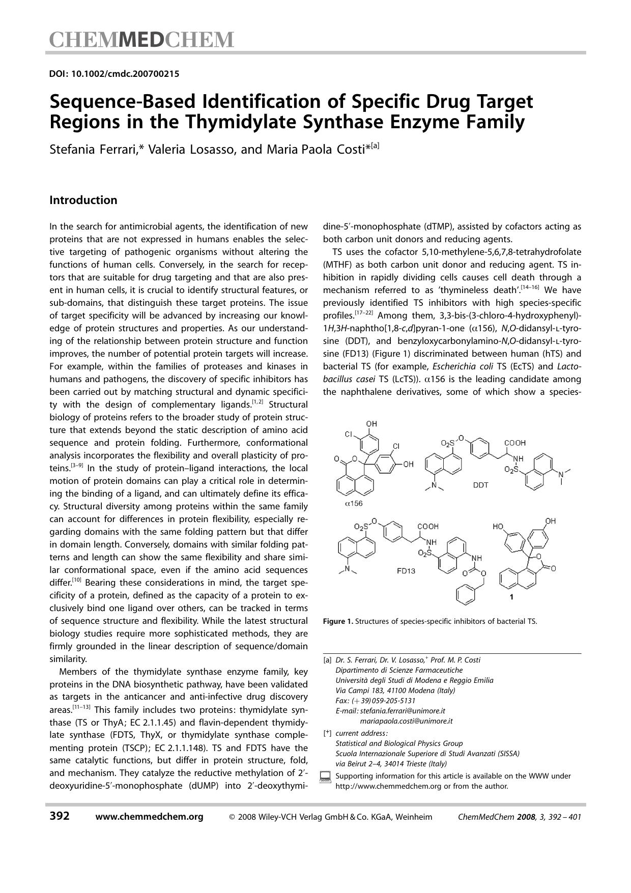 Sequence-Based Identification of Specific Drug Target Regions in the Thymidylate Synthase Enzyme Family by Unknown