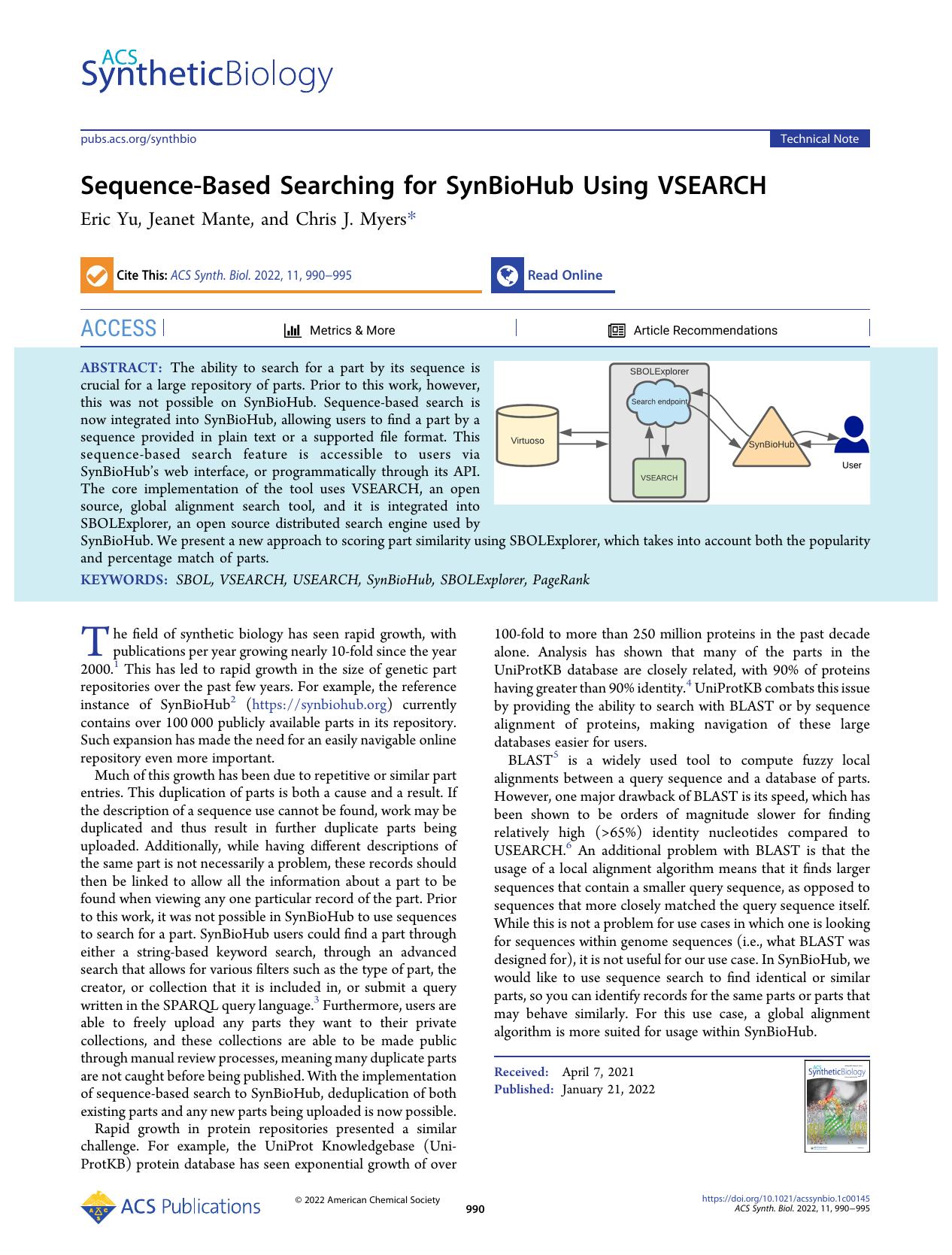 Sequence-Based Searching for SynBioHub Using VSEARCH by Eric Yu Jeanet Mante and Chris J. Myers
