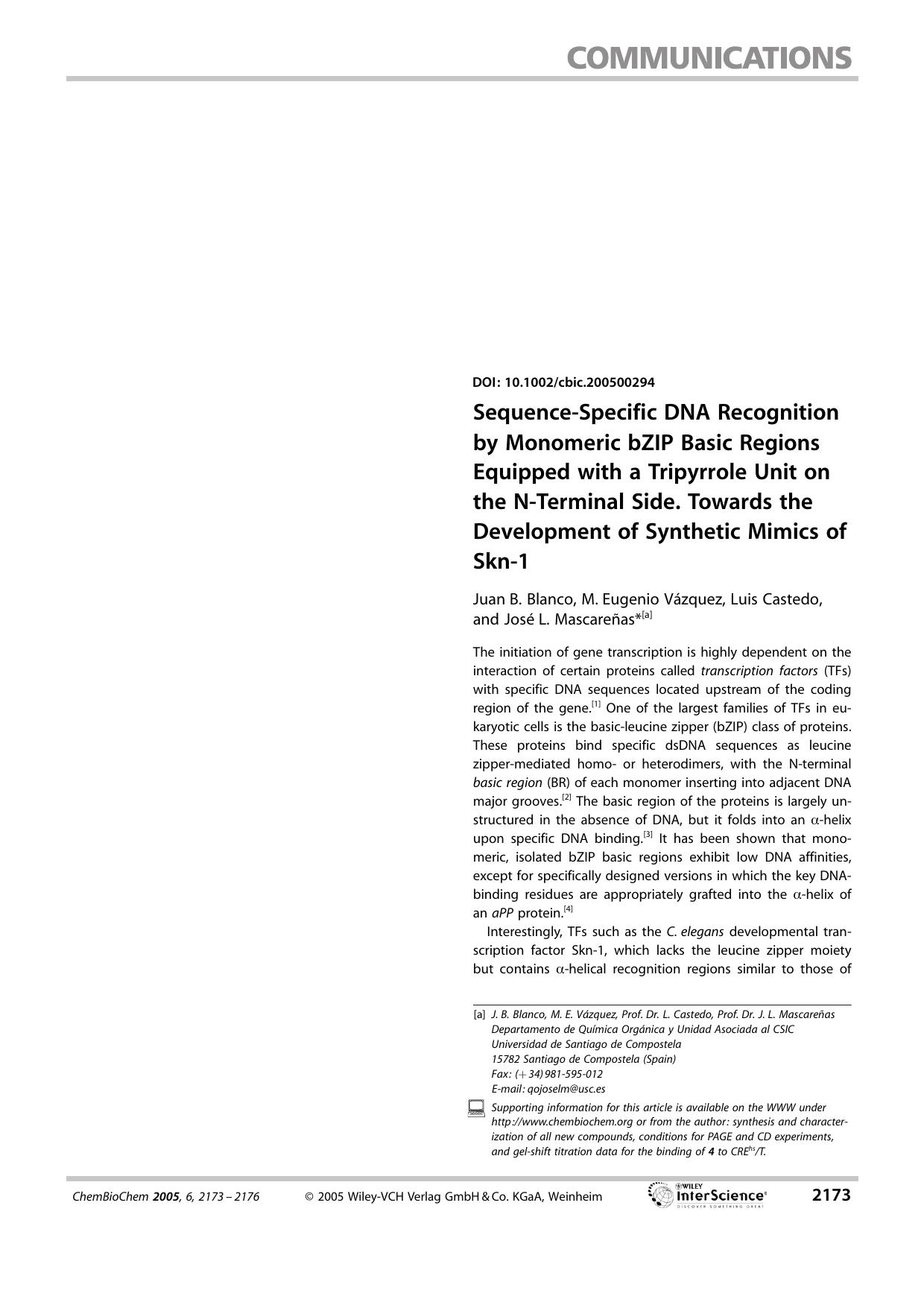 Sequence-Specific DNA Recognition by Monomeric bZIP Basic Regions Equipped with a Tripyrrole Unit on the N-Terminal Side. Towards the Development of Synthetic Mimics of Skn-1 by Unknown