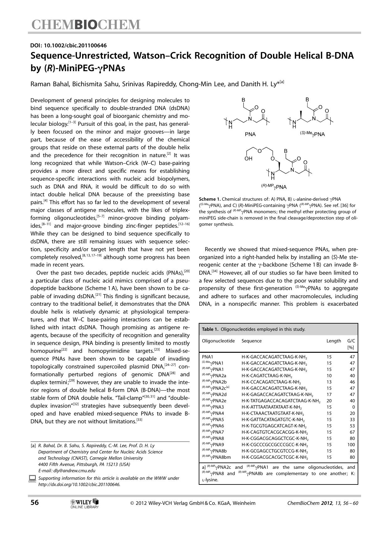 SequenceUnrestricted, WatsonCrick Recognition of Double Helical BDNA by (R)MiniPEGPNAs by Unknown