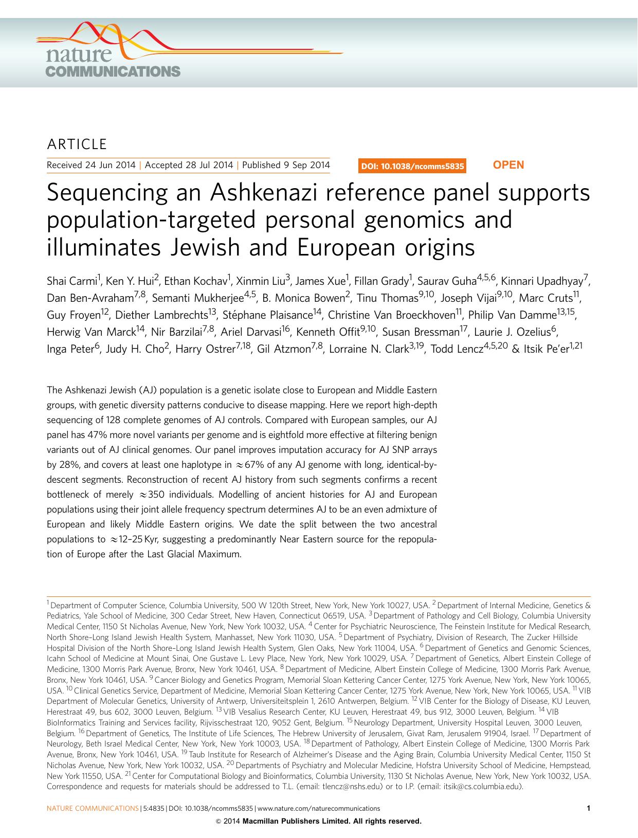 Sequencing an Ashkenazi reference panel supports population-targeted personal genomics and illuminates Jewish and European origins by unknow